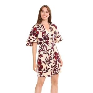 London Times Floral‎ Faux Wrap Dress Cream Burgundy Size 14